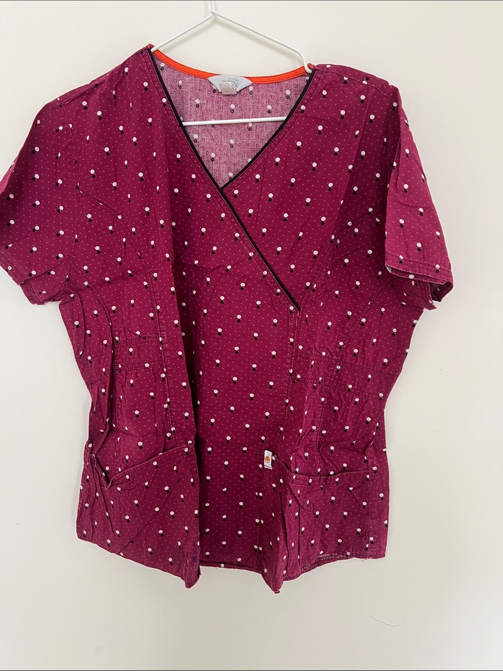 Women's Polka Dot Wrap-Front Scrub Top - Burgundy
